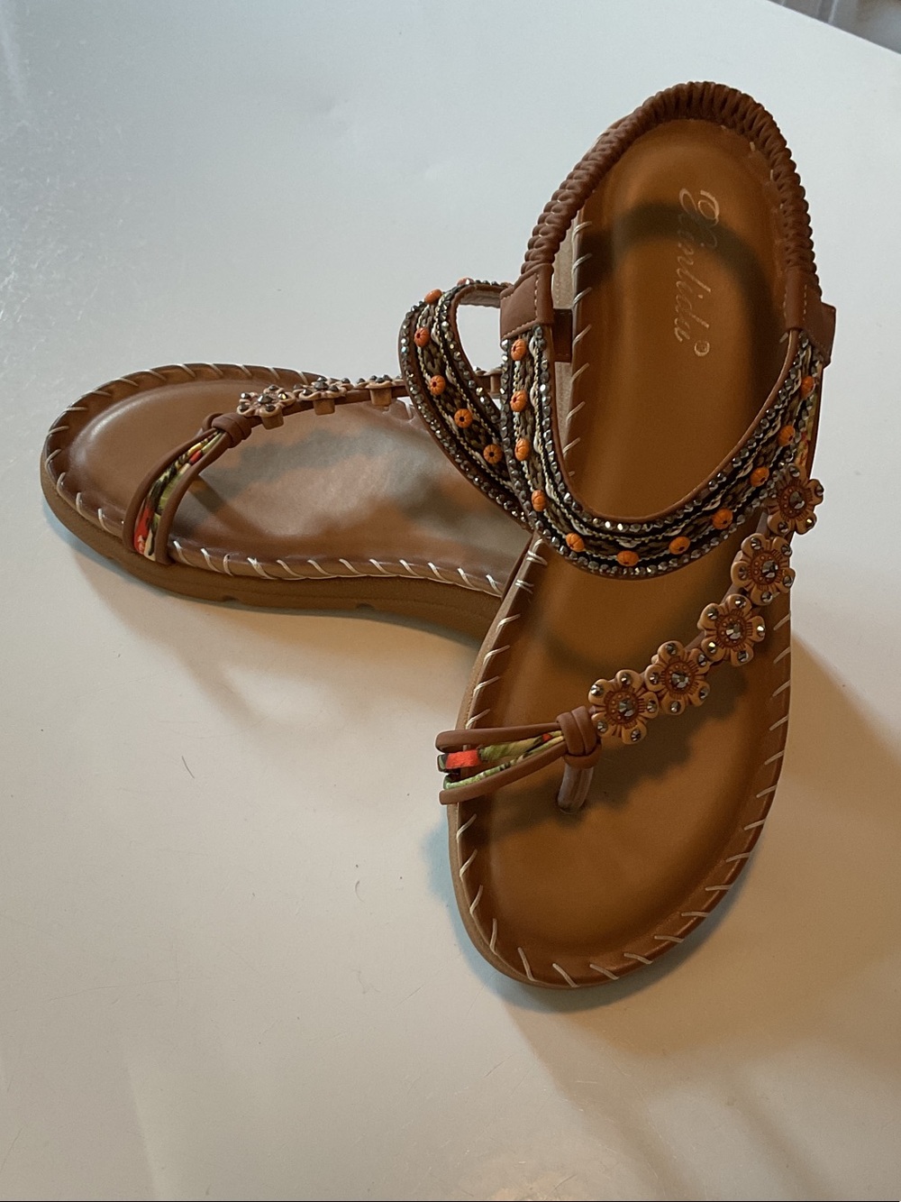 Embellished Brown Women's Sandals with Beaded Straps NWOT
